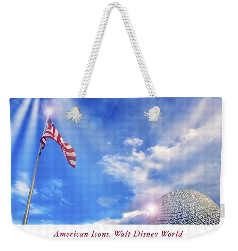 American Icons Weekender Tote Bag featuring the photograph American Icons, Old Glory, EPCOT Spaceship Earth by A Macarthur Gurmankin