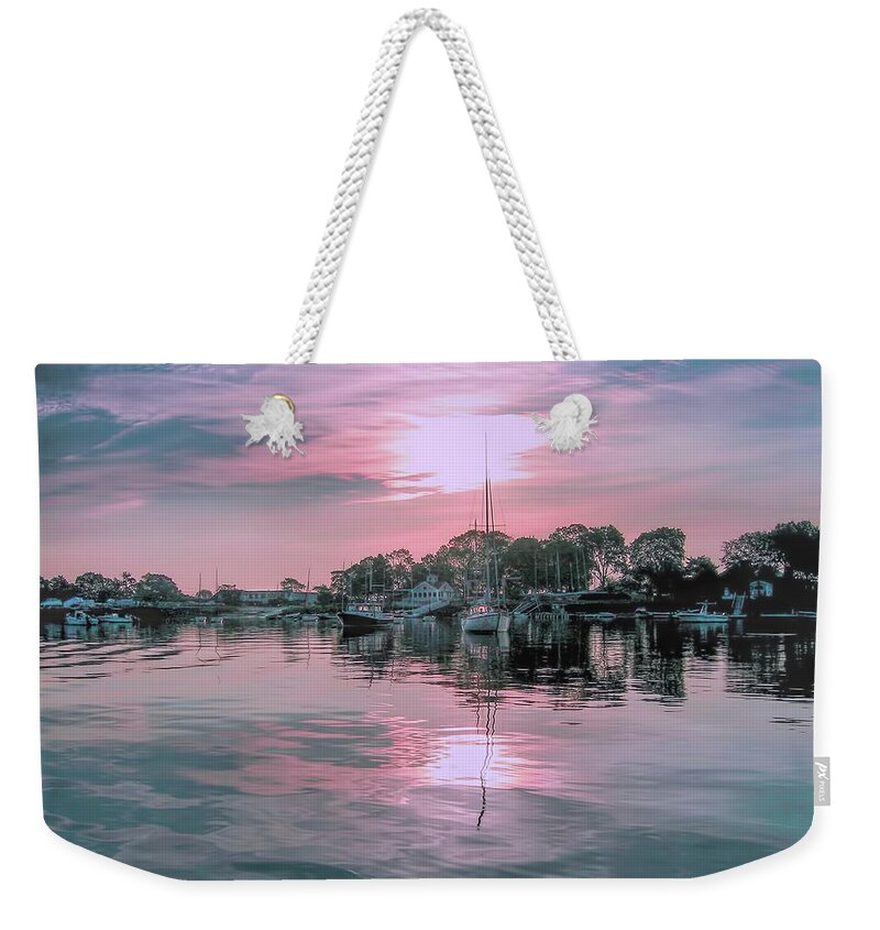 Sunrise Weekender Tote Bag featuring the photograph American Yacht Club at dawn by Cordia Murphy