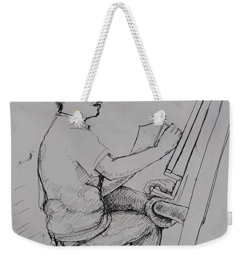 Artist Weekender Tote Bag featuring the drawing An Artist With the Chinese Brush by Sukalya Chearanantana