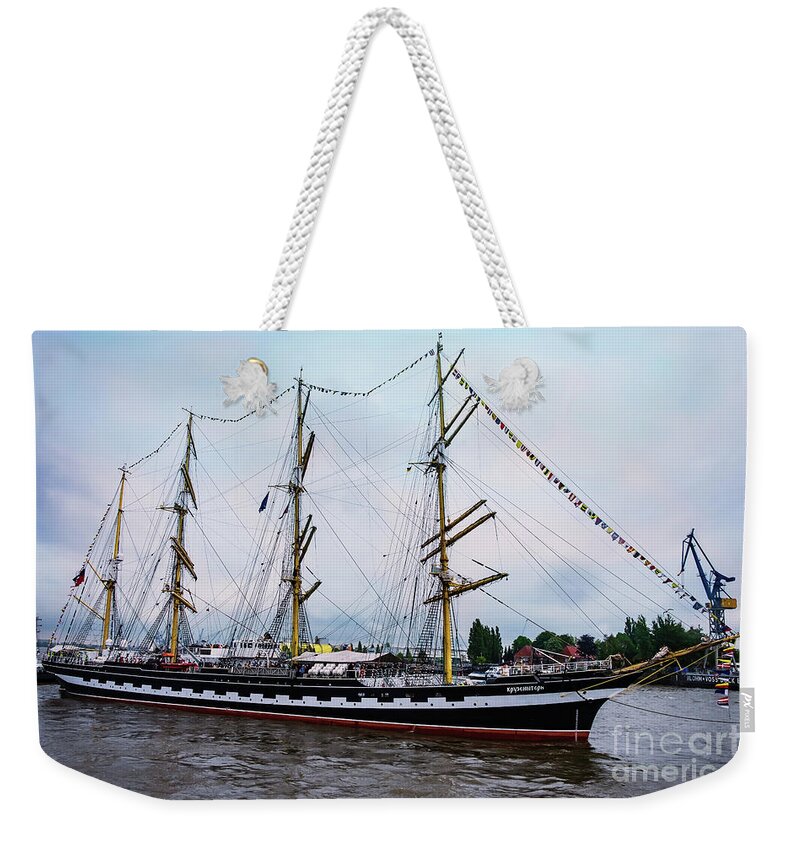 Panoramic Weekender Tote Bag featuring the photograph An exit sailboat Krusenstern on parade by Marina Usmanskaya