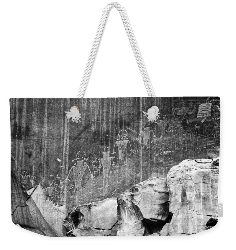Ancient Aliens Weekender Tote Bag featuring the photograph Ancient Aliens -- Petroglyphs in Capitol Reef National Park, California by Darin Volpe