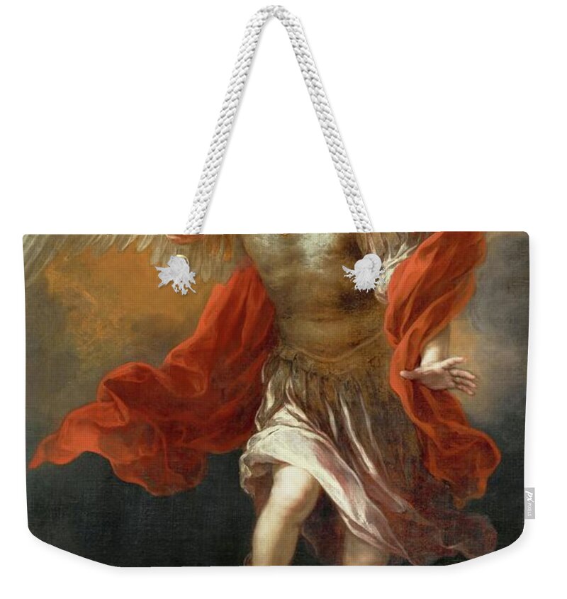 Archangel Michael Weekender Tote Bag featuring the painting Archangel Michael hurls the devil into the abyss. Around 1665 / 68 Canvas, 169,5 x 110,3 cm. by Bartolome Esteban Murillo -1611-1682-
