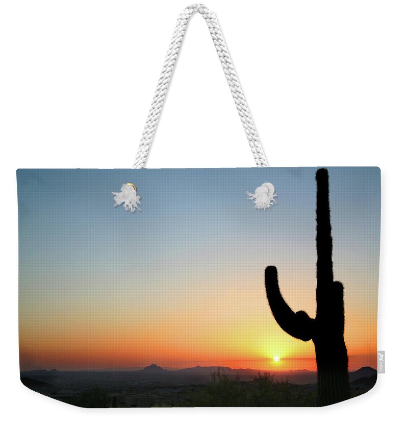 Saguaro Cactus Weekender Tote Bag featuring the photograph Arizona Cactus At Sunset by Vlynder
