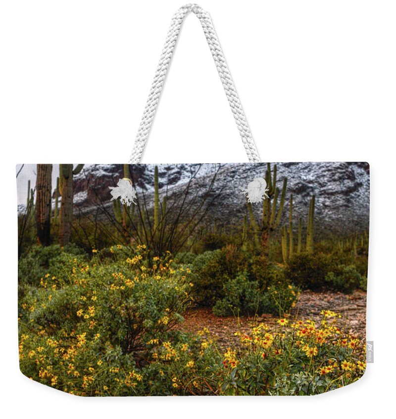 Tucson Weekender Tote Bag featuring the photograph Arizona Flowers and Snow by Chance Kafka