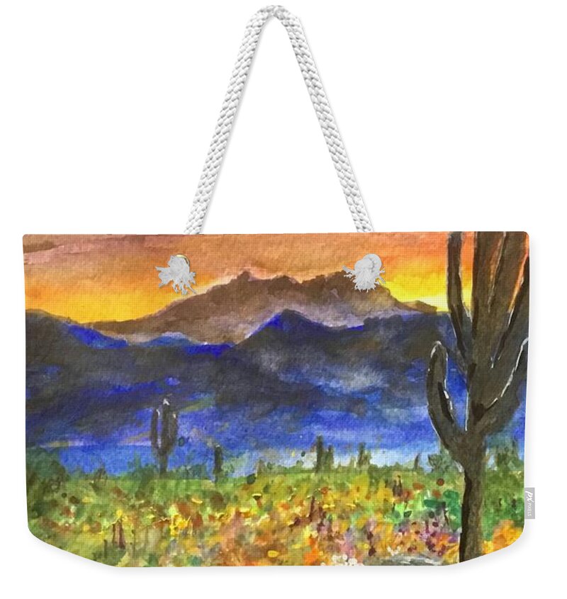Four Peaks Weekender Tote Bag featuring the painting Arizona Spring Sunrise by Cheryl Wallace