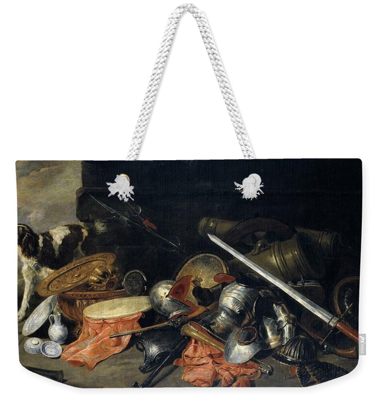 Pieter Boel Weekender Tote Bag featuring the painting 'Armas y pertrechos de guerra', 17th century, Flemish School, Oil on canvas, 169 cm... by Pieter Boel -1622-1674-