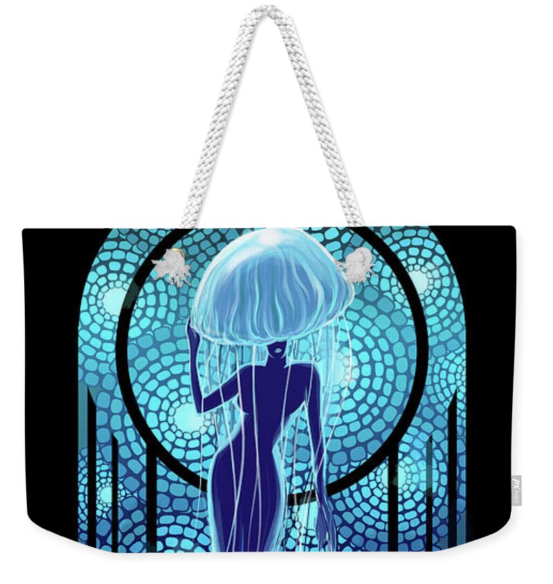 Jellyfish Weekender Tote Bag featuring the painting Art deco jellyfish woman by Sassan Filsoof