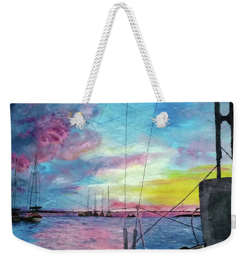 Sky Weekender Tote Bag featuring the painting Art of the Sail At The End of the Day by Annalisa Rivera-Franz