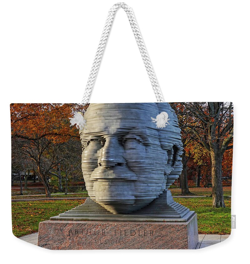 Boston Weekender Tote Bag featuring the photograph Arthur Fiedler Statue Charles River Boston MA in the Fall by Toby McGuire