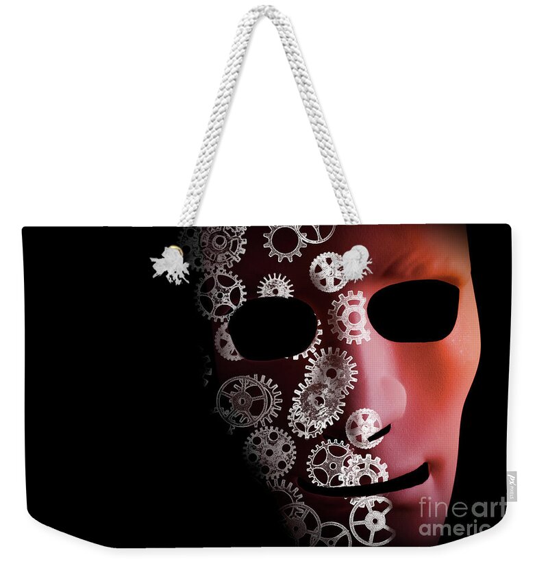 Mask Weekender Tote Bag featuring the photograph Artificial intelligence concept with robot face by Simon Bratt