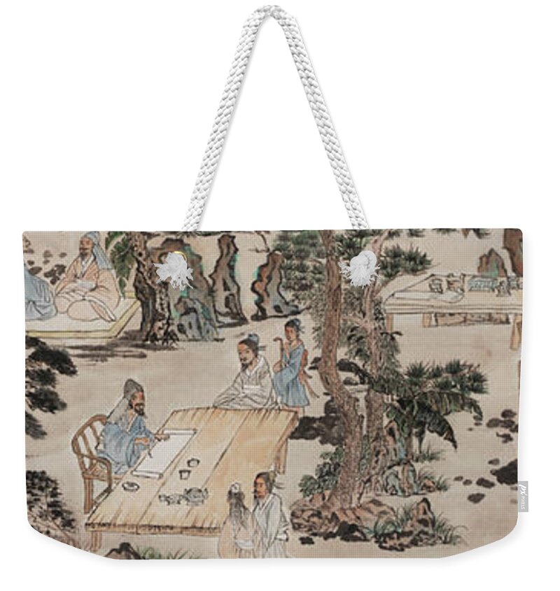 Chinese Watercolor Weekender Tote Bag featuring the painting Lan Ting Xu - Chinese Calligraphers by Jenny Sanders