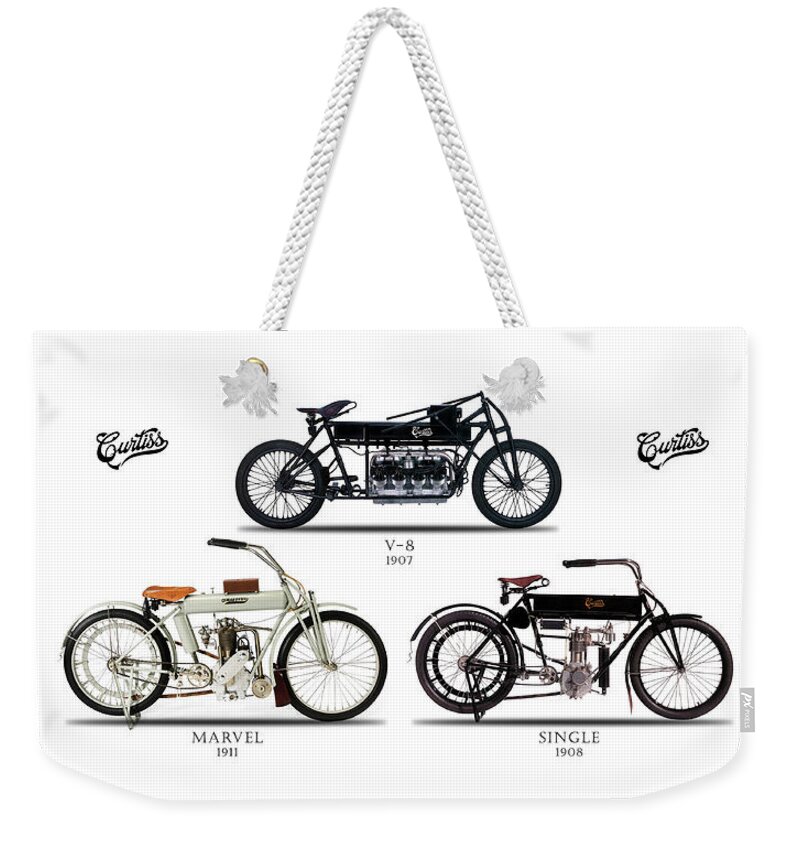 Curtiss Single Weekender Tote Bag featuring the photograph The Curtiss Motorcycle Collection by Mark Rogan