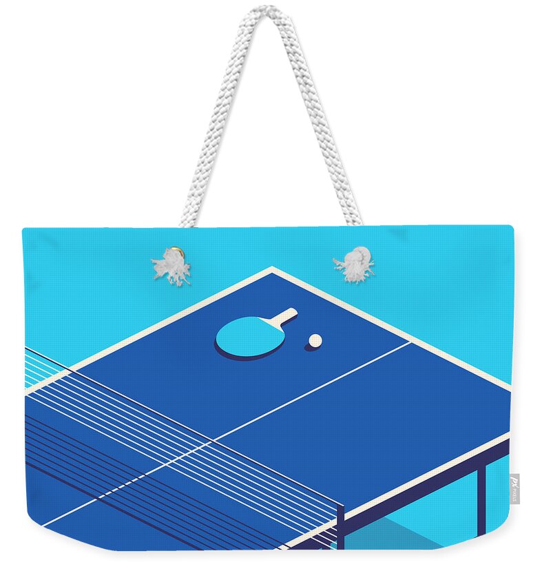 Table Weekender Tote Bag featuring the digital art Table Tennis Table Isometric - Cyan by Organic Synthesis