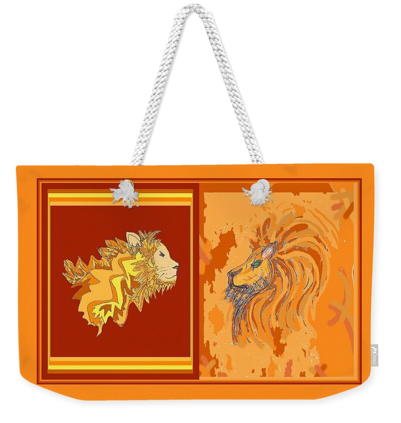 Lion Weekender Tote Bag featuring the drawing Lion Pair hot by Julia Woodman