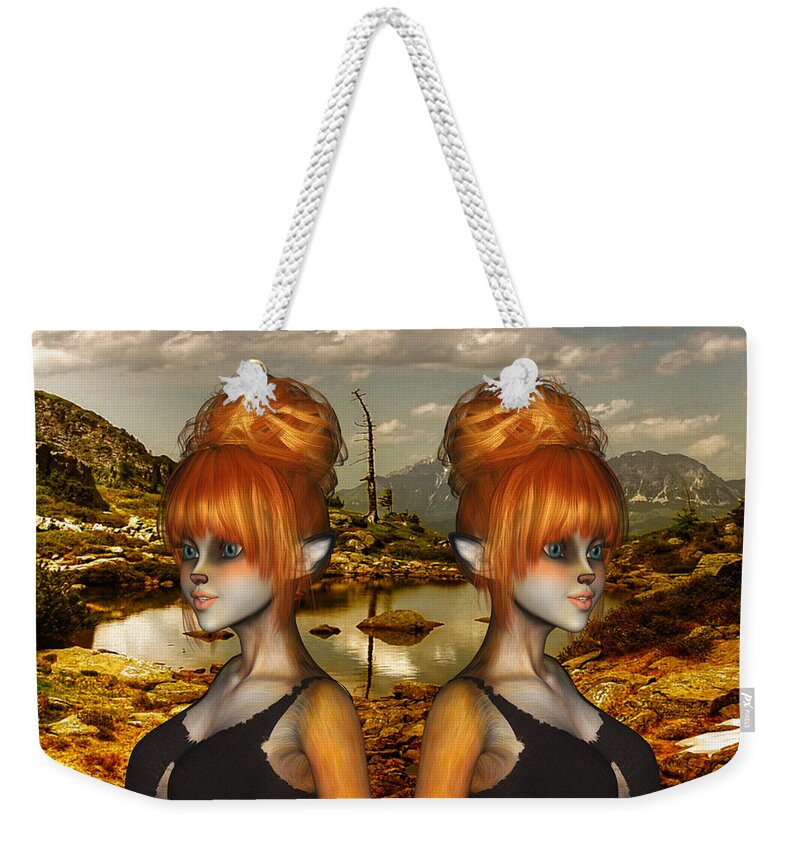 Cute-adorable-foxy-sisters2 Weekender Tote Bag featuring the digital art Foxy Sisters 2 by Diane K Smith