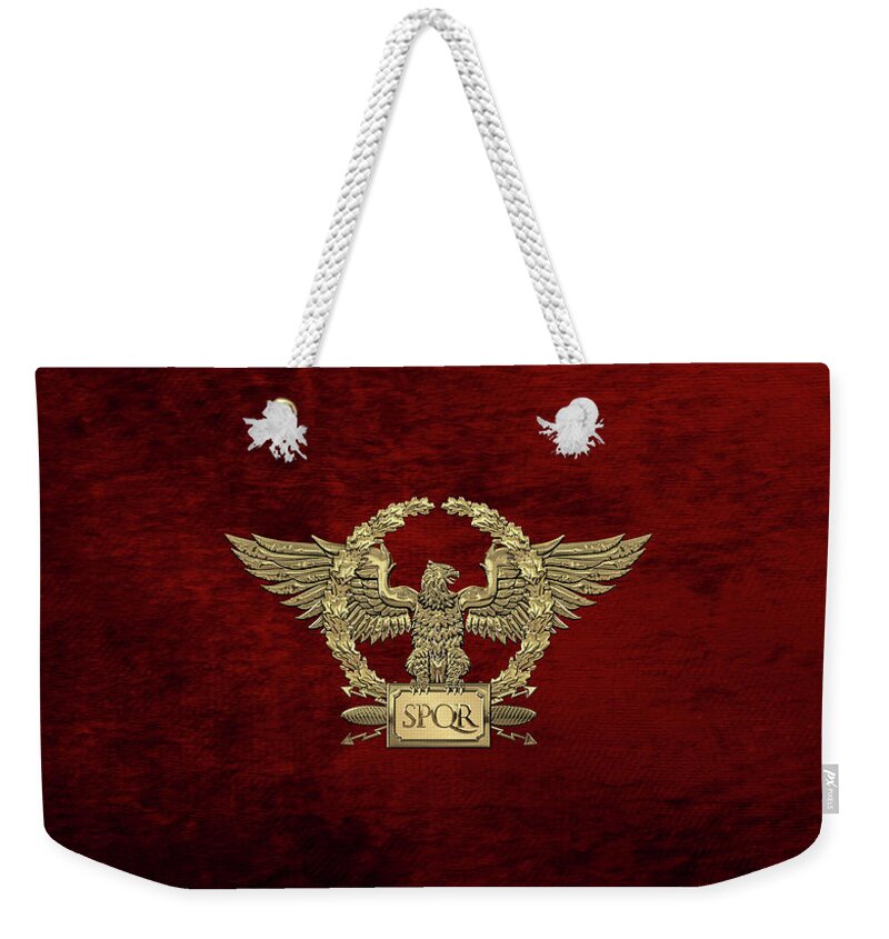 ‘treasures Of Rome’ Collection By Serge Averbukh Weekender Tote Bag featuring the digital art Gold Roman Imperial Eagle - S P Q R Special Edition over Red Velvet by Serge Averbukh