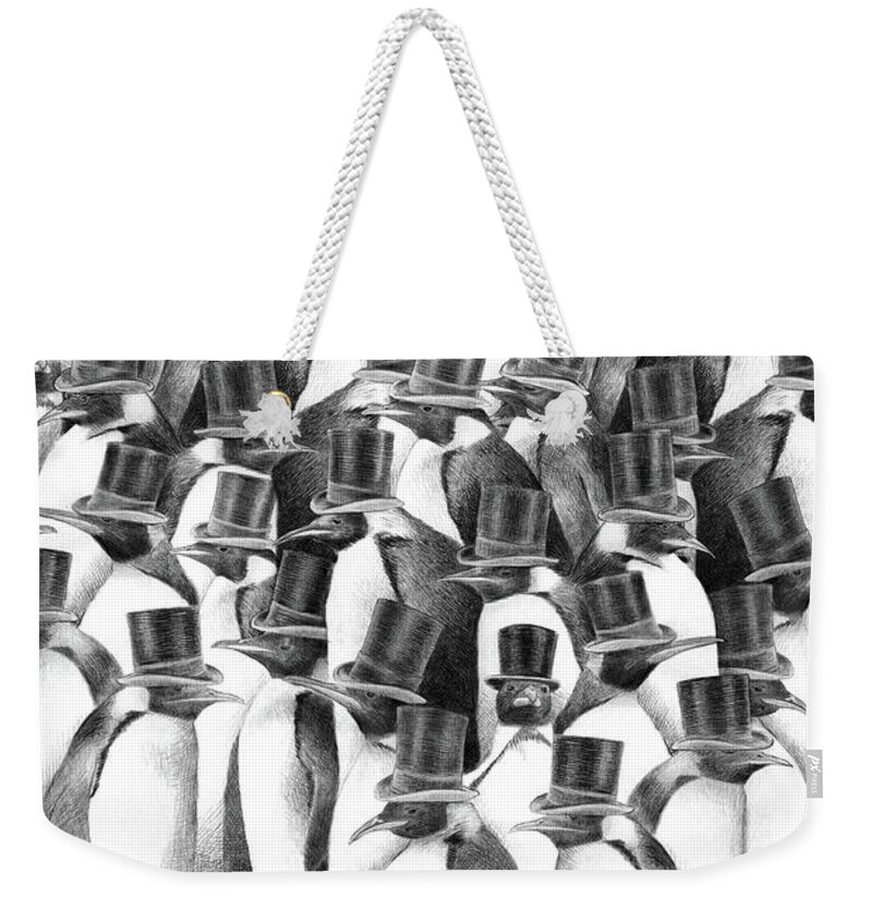 Penguin Weekender Tote Bag featuring the drawing Penguin Party by Eric Fan