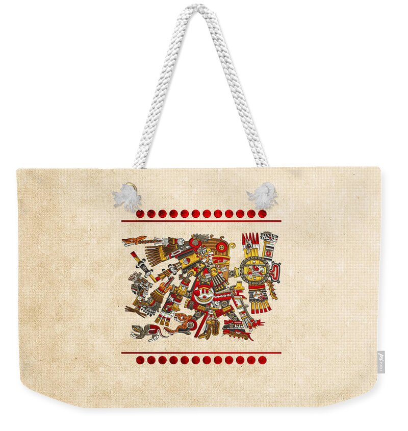 ‘treasures Of Mesoamerica’ Collection By Serge Averbukh Weekender Tote Bag featuring the digital art Codex Borgia - Aztec Gods - Tezcatlipoca - Smoking Mirror on Vellum by Serge Averbukh