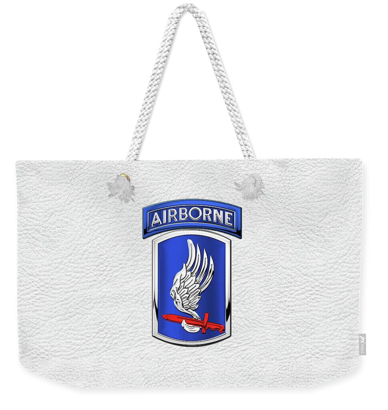 Military Insignia & Heraldry By Serge Averbukh Weekender Tote Bag featuring the digital art 173rd Airborne Brigade Combat Team - 173rd A B C T Insignia over White Leather by Serge Averbukh