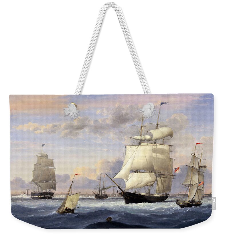 New York Harbor Weekender Tote Bag featuring the painting New York Harbor by Fitz Henry Lane by Rolando Burbon