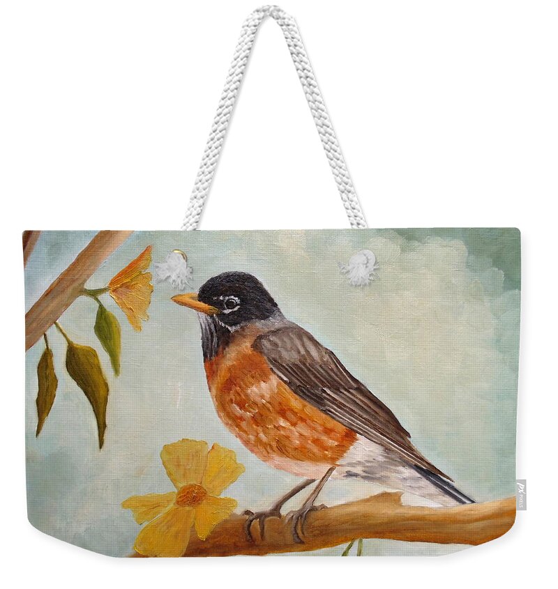 American Robin Weekender Tote Bag featuring the painting American Robin On A Spring Afternoon by Angeles M Pomata