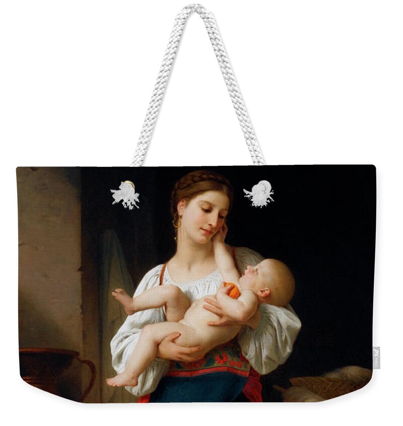Mother And Child Weekender Tote Bag featuring the painting Mother and Child by William Adolphe Bouguereau by Rolando Burbon