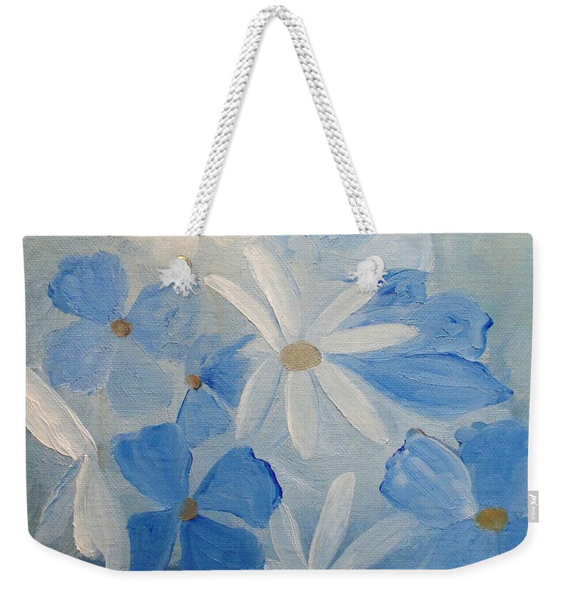 Pansies Weekender Tote Bag featuring the painting Soothing Blue by Angeles M Pomata