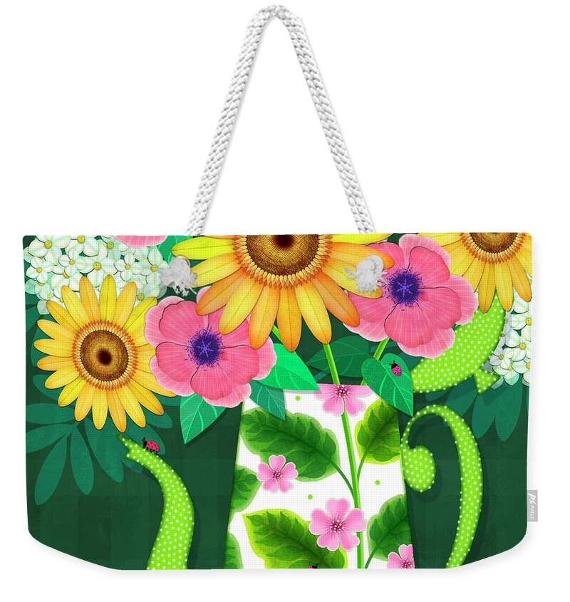 Flowers Weekender Tote Bag featuring the digital art Summer Flowers in Coffee Pot by Valerie Drake Lesiak