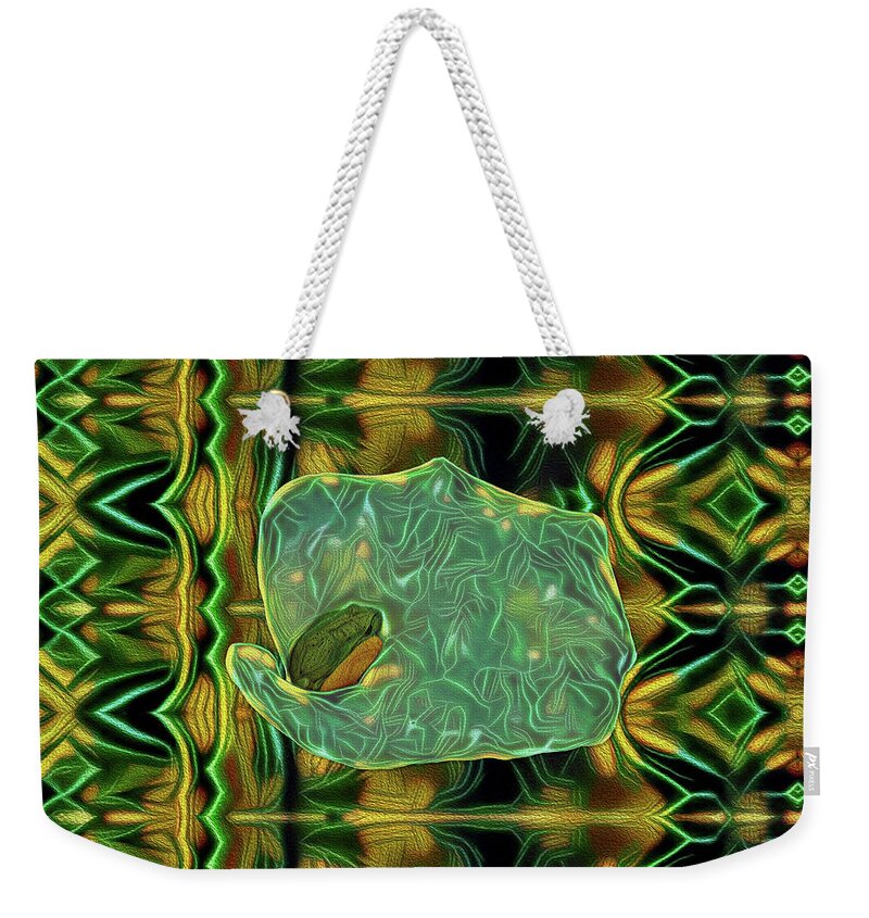 Digitalart Weekender Tote Bag featuring the digital art The Bioluminescent Green Tree Frog by Diego Taborda