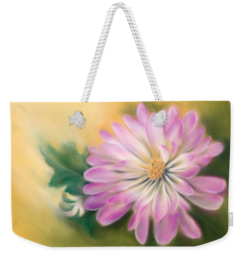 Chrysanthemum Weekender Tote Bag featuring the painting Chrysanthemum Blossom with Bud and Leaf by MM Anderson