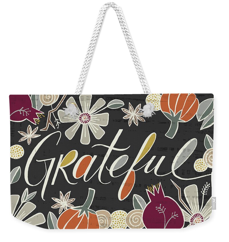 Harvest Weekender Tote Bag featuring the painting Grateful Fall Art Black Background by Jen Montgomery