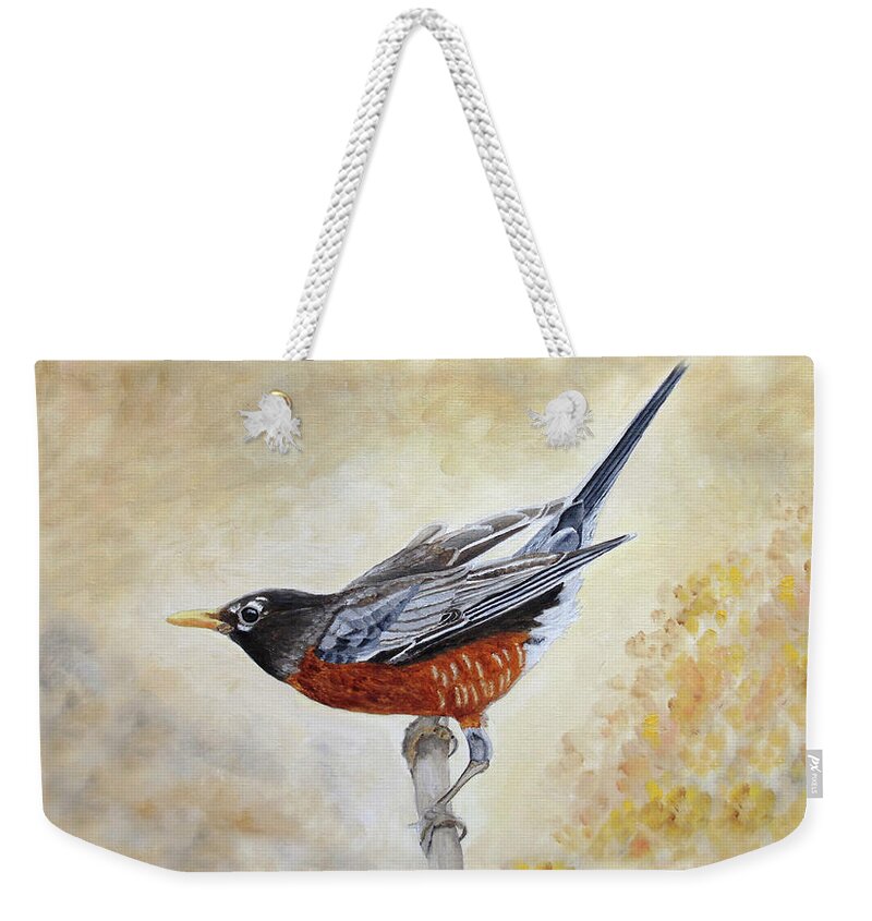 American Robin Weekender Tote Bag featuring the painting Morning Stretch American Robin by Angeles M Pomata