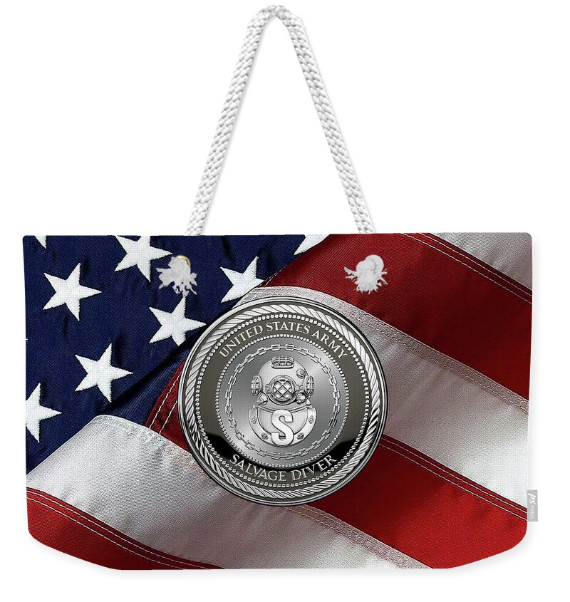 Military Insignia & Heraldry Collection By Serge Averbukh Weekender Tote Bag featuring the digital art U. S. Army Engineer Divers - Salvage Diver Badge Special Edition over American Flag by Serge Averbukh