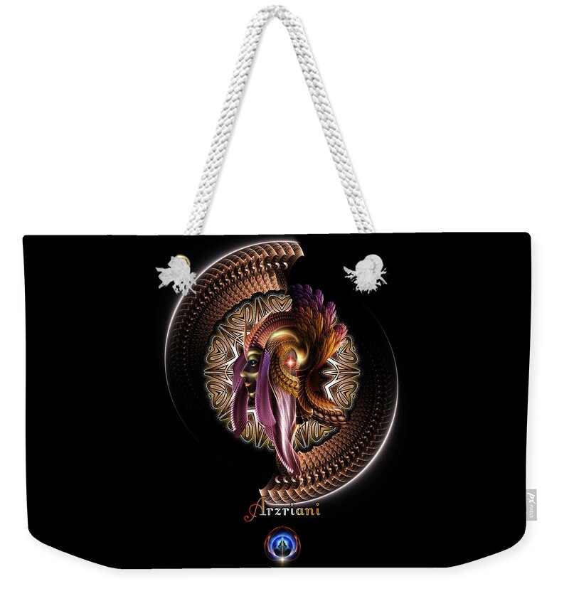 Asteroidday Weekender Tote Bag featuring the digital art Arzriani The Golden Empress Fractal Portrait by Rolando Burbon