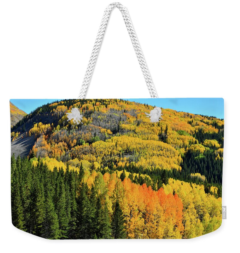 Cclorado Weekender Tote Bag featuring the photograph Aspen Covered Hillsides en Route to Durango by Ray Mathis