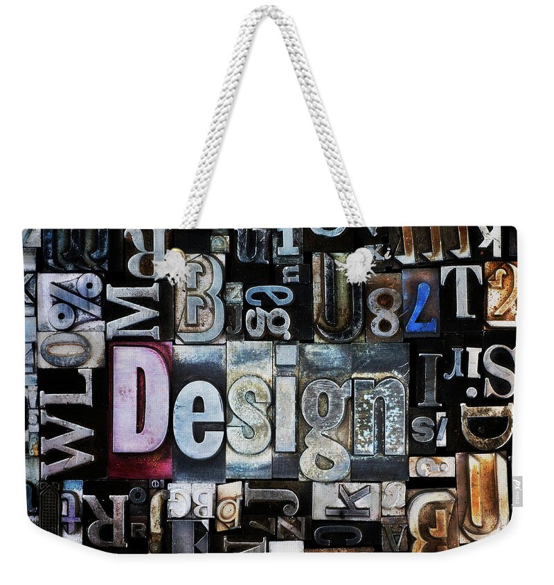 Printmaking Technique Weekender Tote Bag featuring the photograph Assortment Of Printing Blocks With Word by Tetra Images