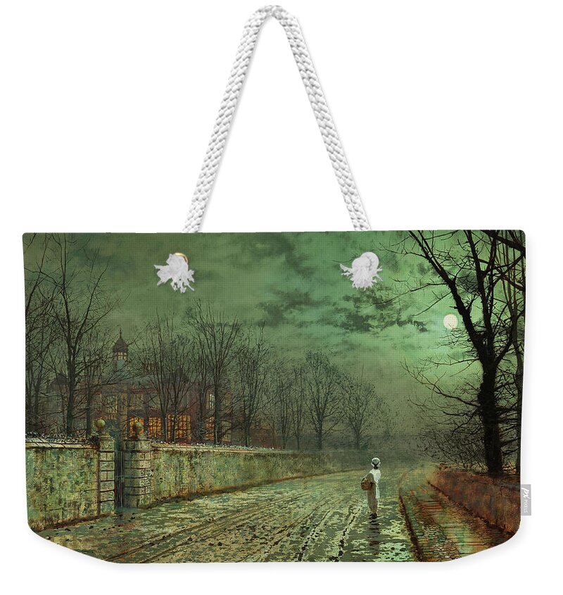 Atkinson Grimshaw Weekender Tote Bag featuring the painting Atkinson Grimshaw -Leeds, 1836 -1893-. A Moonlit Evening -1880-. Oil on cardboard. 25.5 x 46 cm. by John Atkinson Grimshaw -1836-1893-