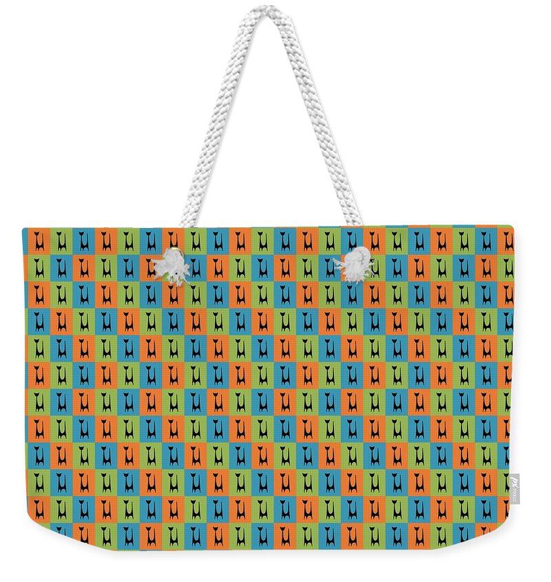 Mid Century Modern Weekender Tote Bag featuring the digital art Atomic Cat 1 on Rectangles by Donna Mibus