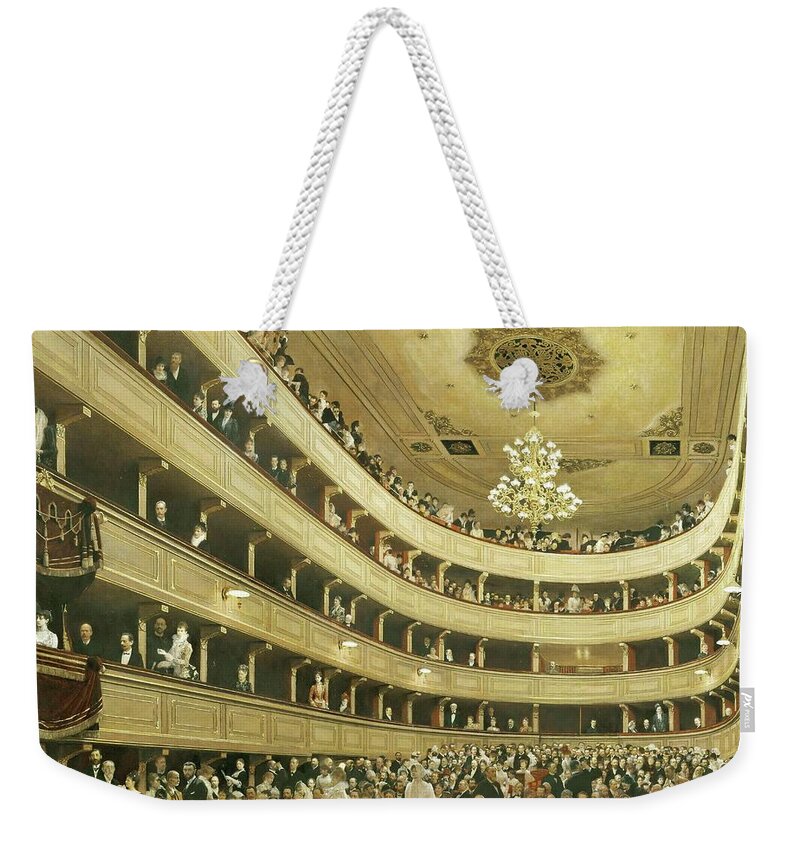 Gustav Klimt Weekender Tote Bag featuring the painting Auditorium in the 'Altes Burgtheater', the old Court Theatre, replaced by a new building in 1888. by Gustav Klimt -1862-1918-