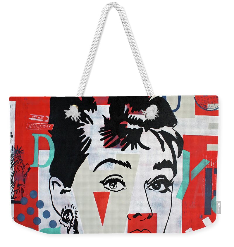 Audrey Hepburn Weekender Tote Bag featuring the painting Audrey Hepburn NYC by Kathleen Artist PRO