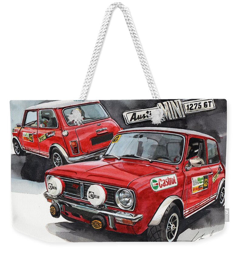 Austin Weekender Tote Bag featuring the painting Austin Mini 1275 GT by Yoshiharu Miyakawa