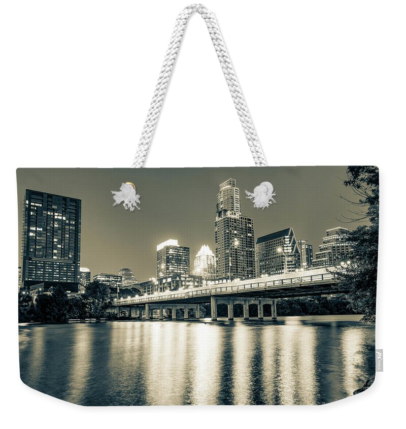 America Weekender Tote Bag featuring the photograph Austin Texas Skyline Over Lady Bird Lake - Sepia Edition by Gregory Ballos