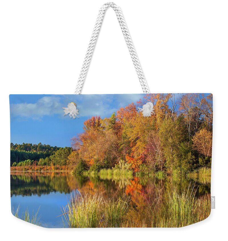 00544899 Weekender Tote Bag featuring the photograph Autumn Along Lake, Tyler State Park, Texas by Tim Fitzharris