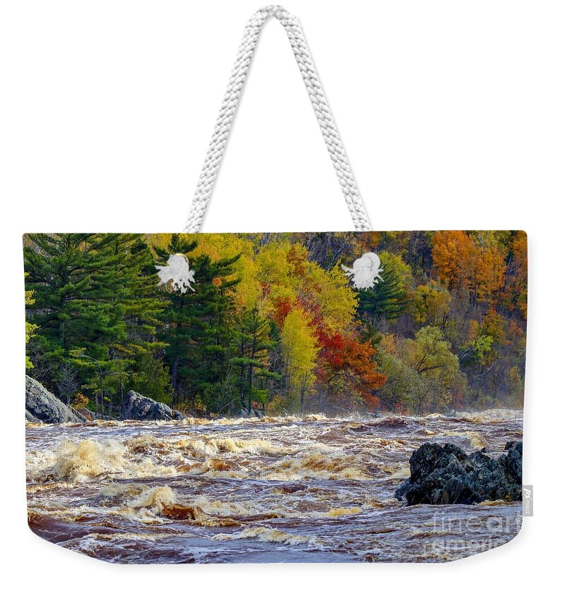 River Weekender Tote Bag featuring the photograph Autumn Colors and Rushing Rapids  by Susan Rydberg