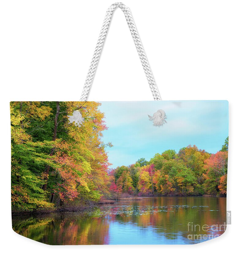 Davidsons Mill Pond Weekender Tote Bag featuring the photograph Autumn Colors in NJ by Michael Ver Sprill