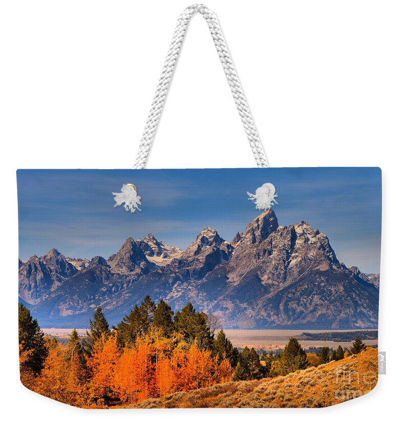 Grand Teton Weekender Tote Bag featuring the photograph Autumn Gold In The Tetons by Adam Jewell