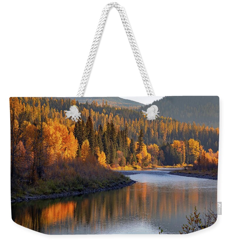 Flathead River Weekender Tote Bag featuring the photograph Autumn Morning on the Middle Fork by Jack Bell