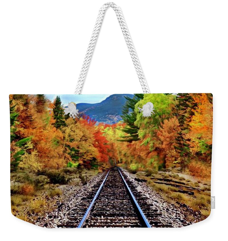 Train Weekender Tote Bag featuring the digital art Autumn Rails by CAC Graphics