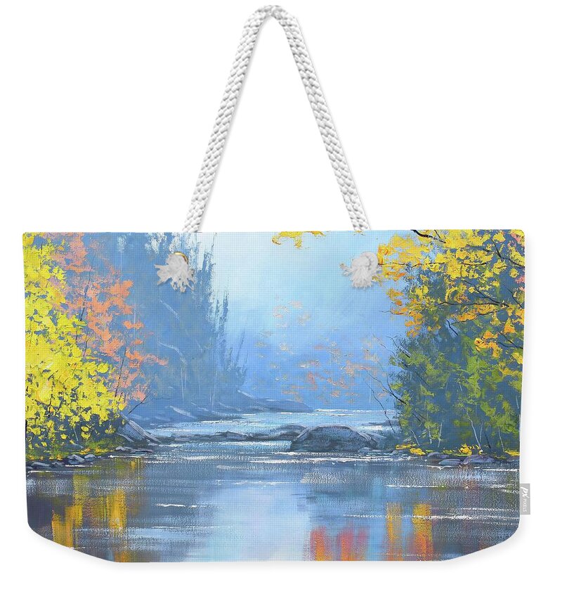 River Weekender Tote Bag featuring the painting Autumn River trees by Graham Gercken