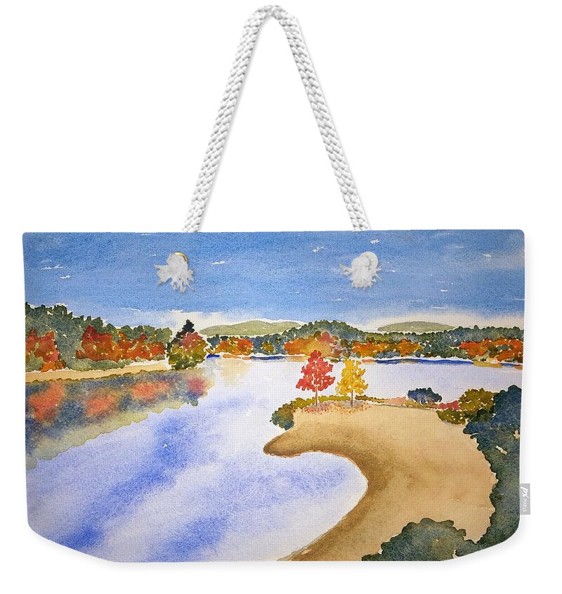 Watercolor Weekender Tote Bag featuring the painting Autumn Shore Lore by John Klobucher